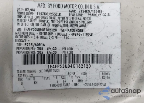 2004 Ford Taurus Se from USA, damaged, VIN 1FAFP53U04G162120